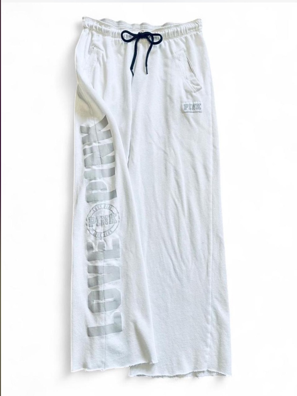 VICTORIA’S SECRET PINK Boyfriend Pocket Sweatpant in Crisp White, Gray Logo — S